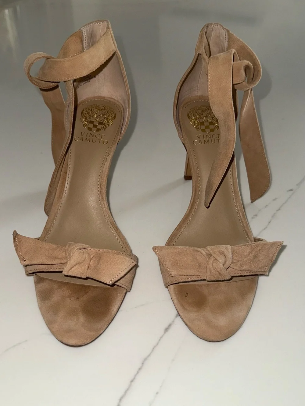 Vince Camuto Taupe Suede Knot Front Ankle-Tie Heels